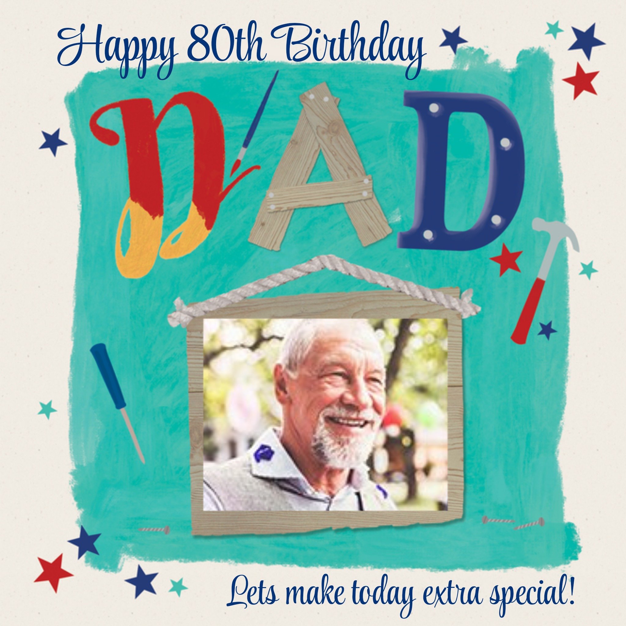 Moonpig Ling Design Illustrated Diy Dad 80th Photo Upload Birthday Card, Large