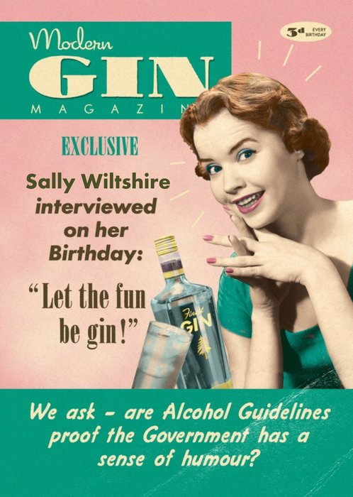 Funny spoof retro gin Magazine Birthday Card for her