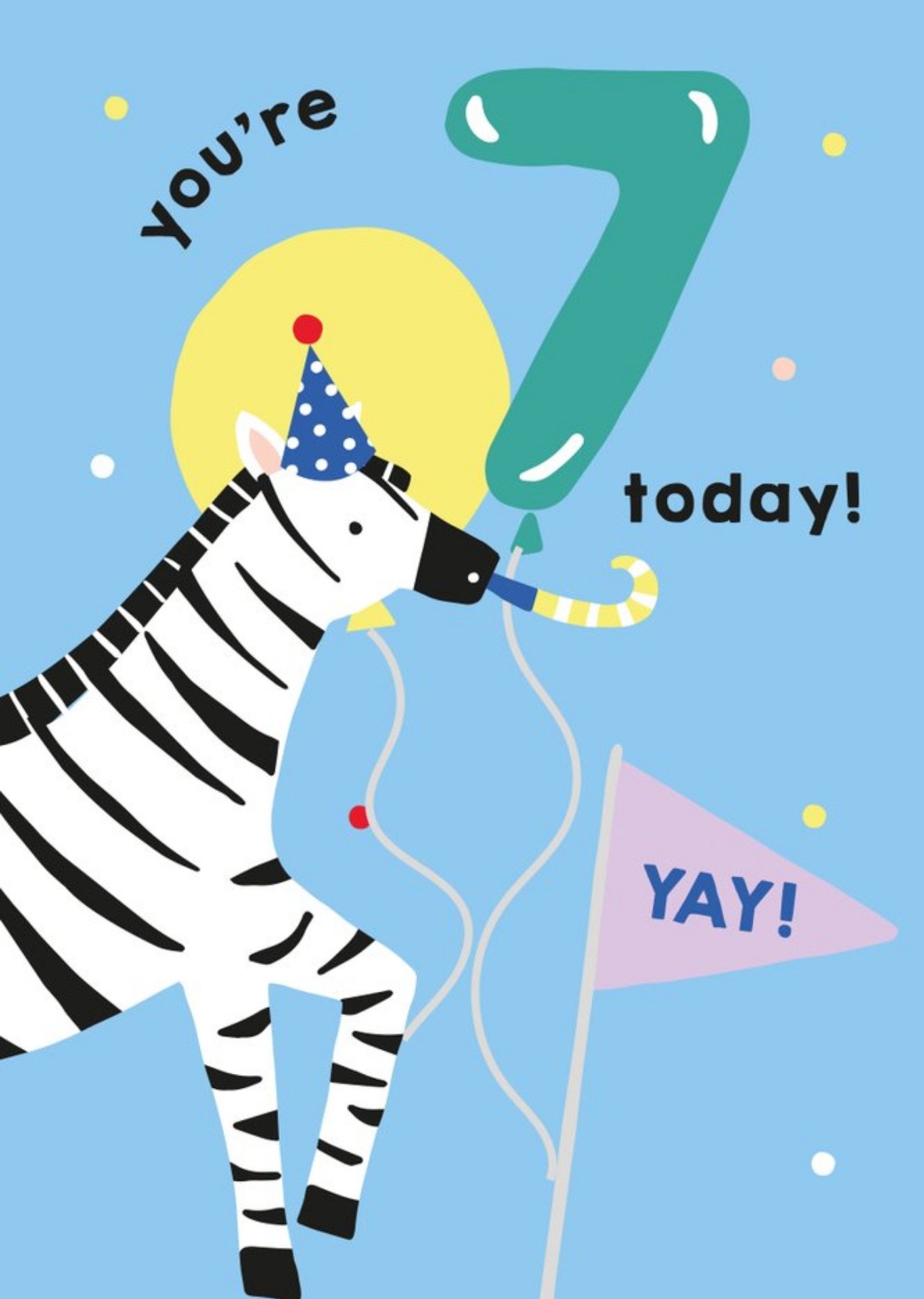 Illustrated Cute Zebra Party Hat Youre 7 Today Birthday Card Ecard