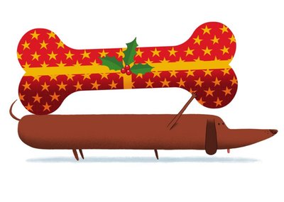 Modern Cute Illustration Sausage Dog Bone Present Christmas Card