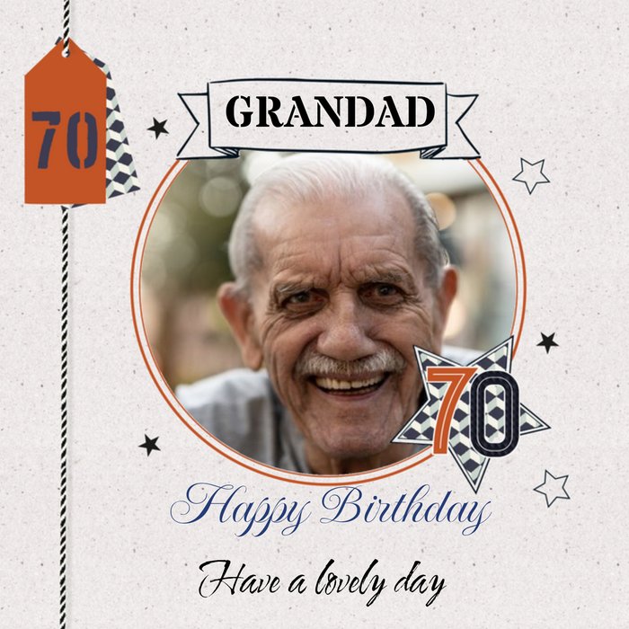 Modern Typographic Grandad Happy 70th Photo Upload Card