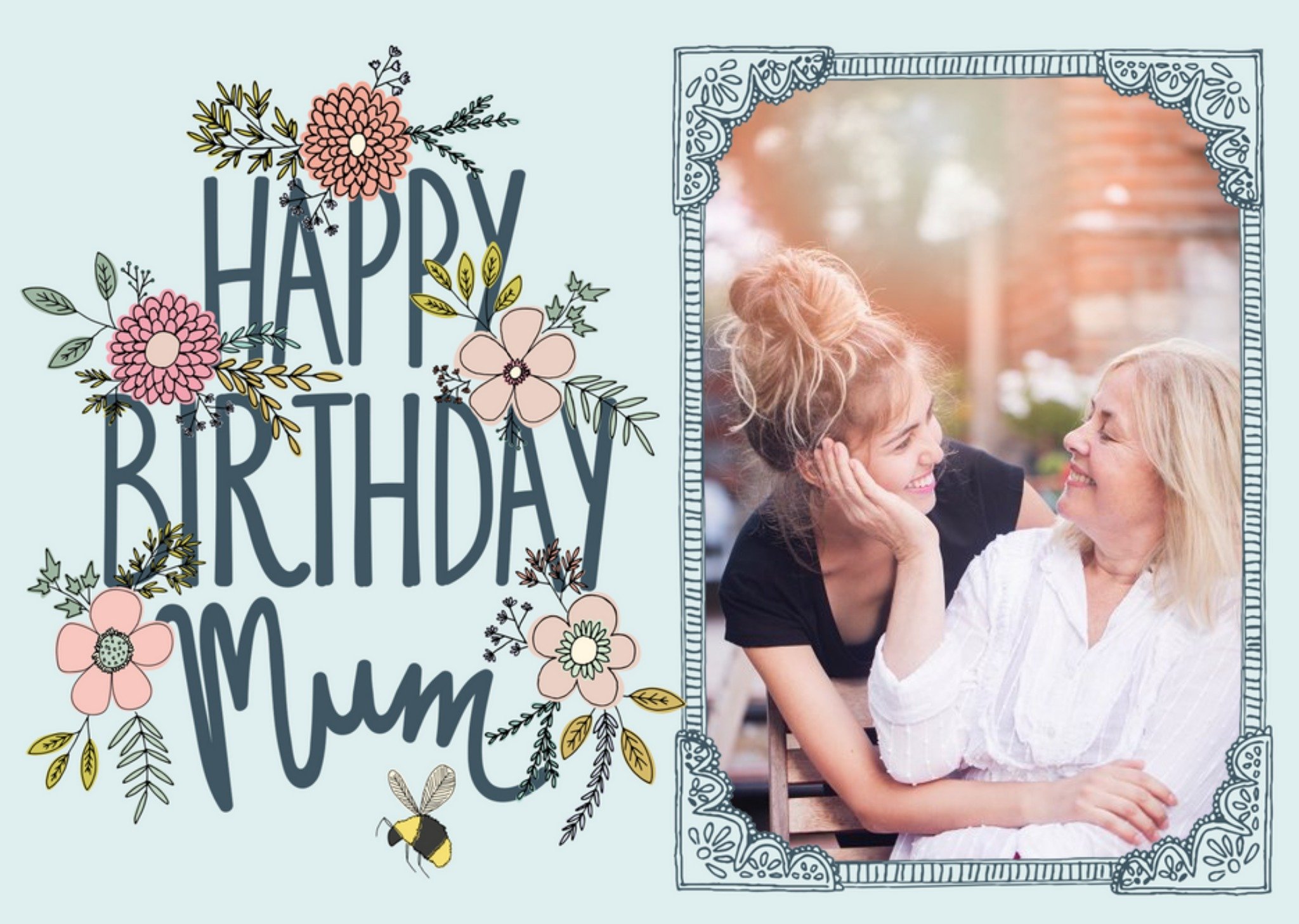 Flowers And Bumblebee Happy Birthday Mum Photo Card Ecard