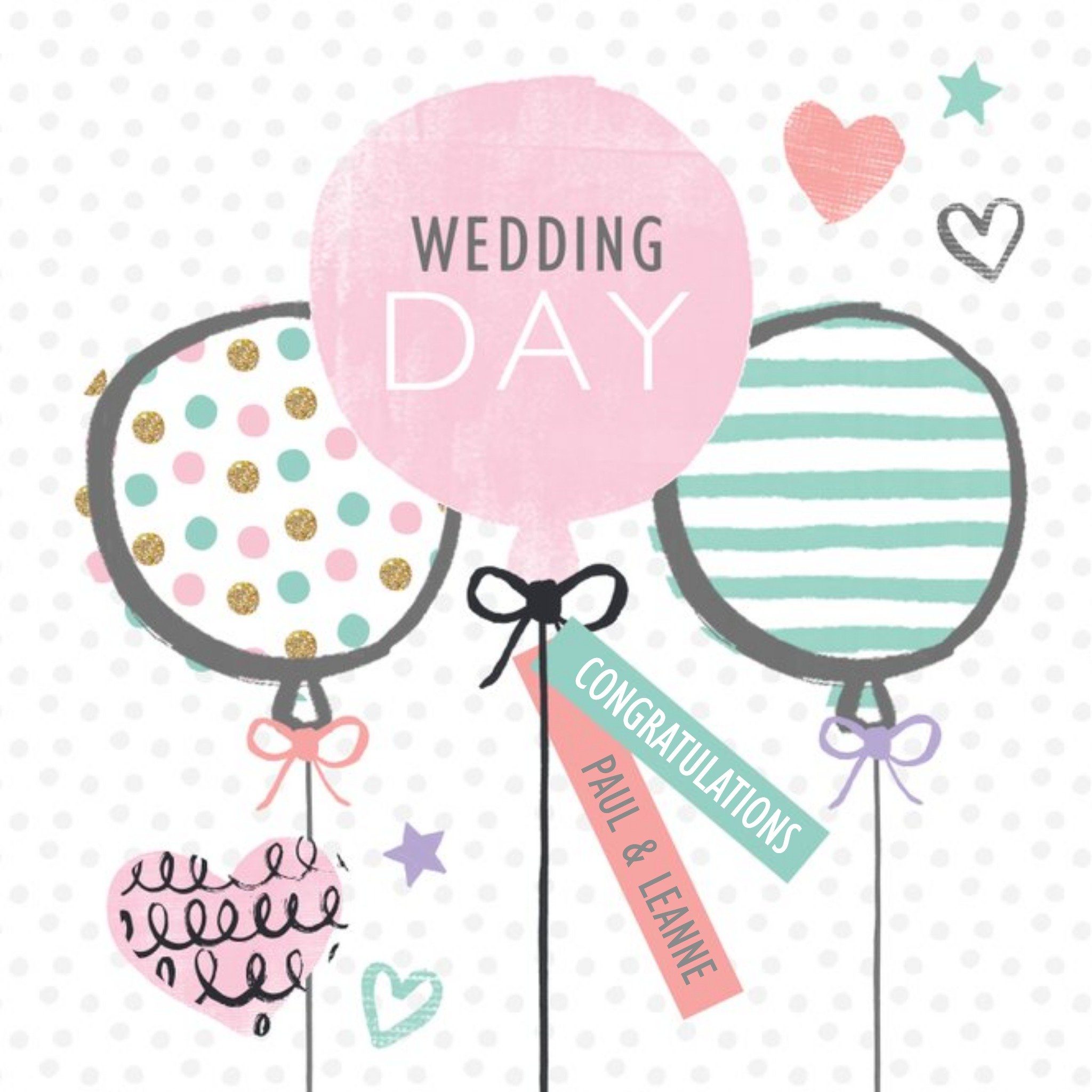 Spots Stripes With Stars Balloons Personalised Wedding Day Card, Square