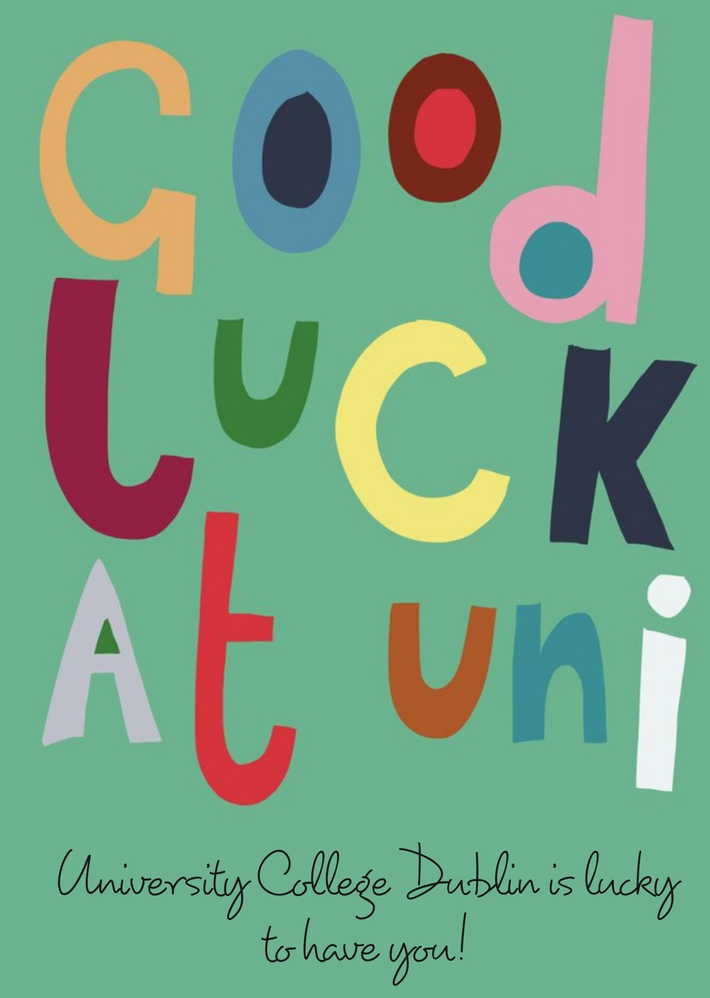 Moonpig Katy Welsh Illustrated Green Typographic Good Luck At Uni Card Ecard
