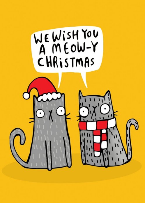 Cute Cartoon Pun We Wish You A Meowy Christmas Card