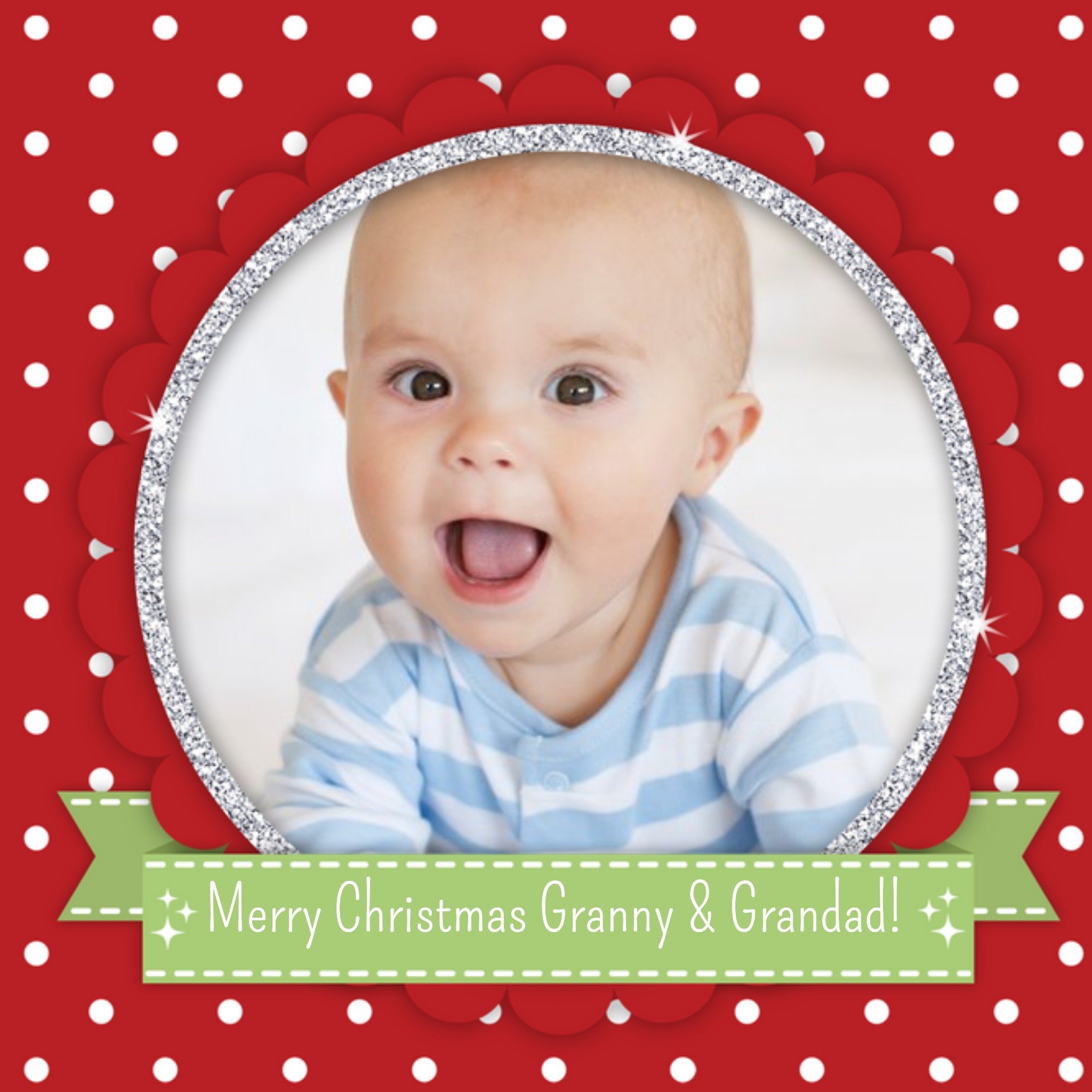 Moonpig Polka Dot Circular Frame Personalised Photo Upload Merry Christmas Card, Square