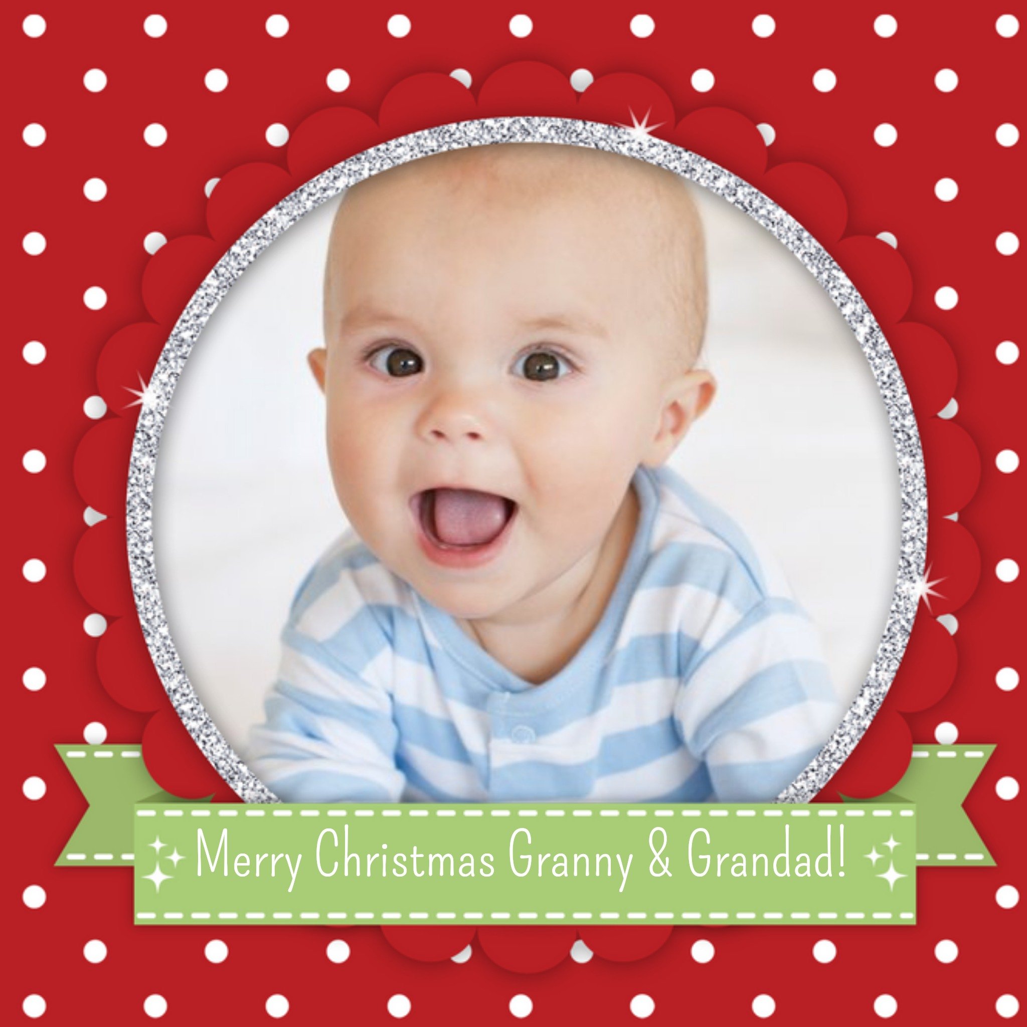 Polka Dot Circular Frame Personalised Photo Upload Merry Christmas Card, Square