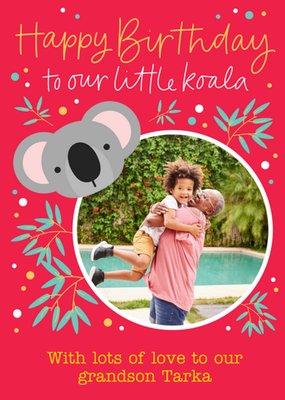 Illustration Of A Koala And Foliage On A Vibrant Red Background Photo Upload Birthday Card