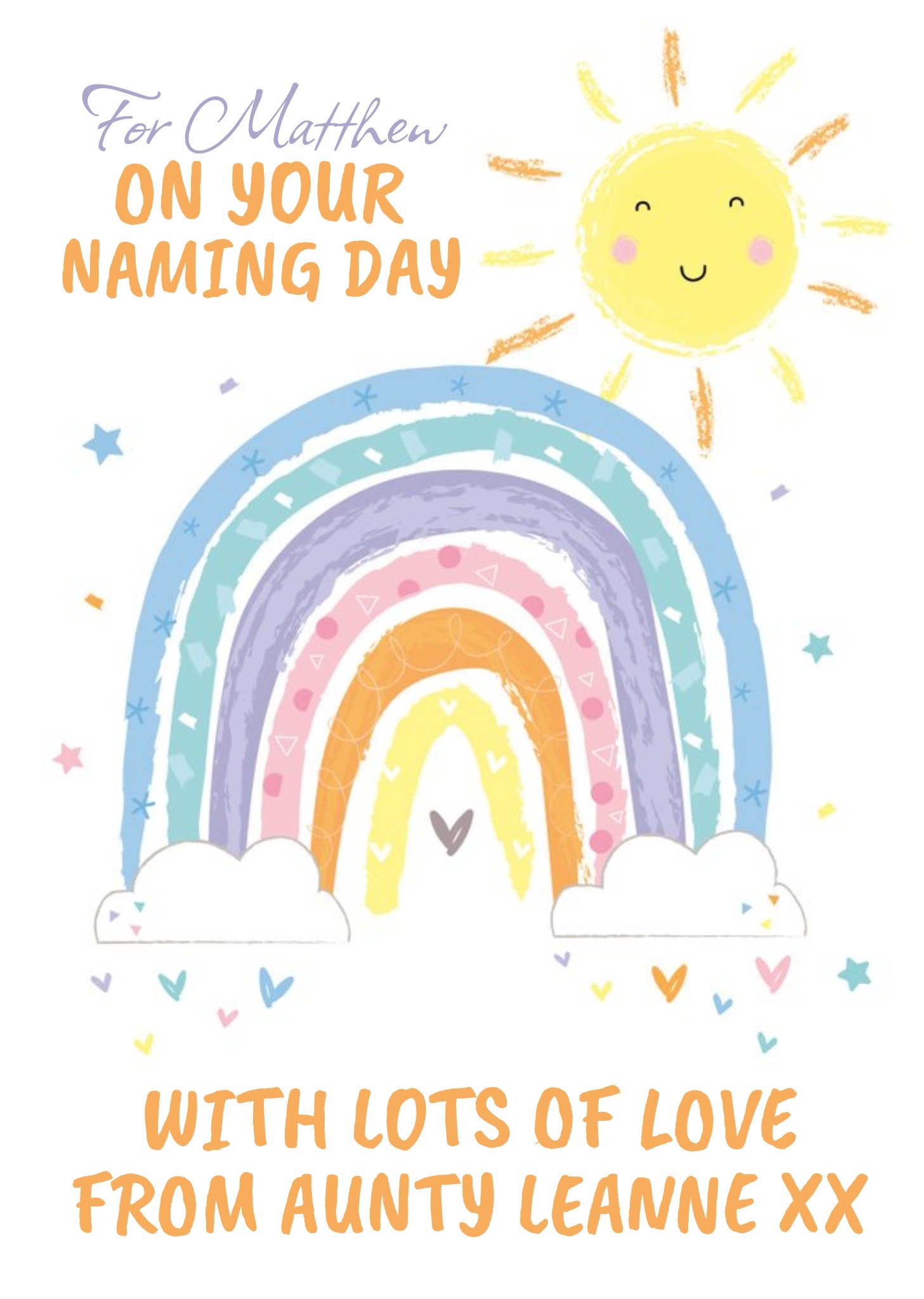 Ling Design Cute Illustration Of The Sun And A Colourful Rainbow Surrounded By Hearts And Stars Naming Day Card Ecard