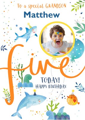Underwater Themed Illustration With Sharks In Party Hats Grandson's Fifth Birthday Photo Upload Card