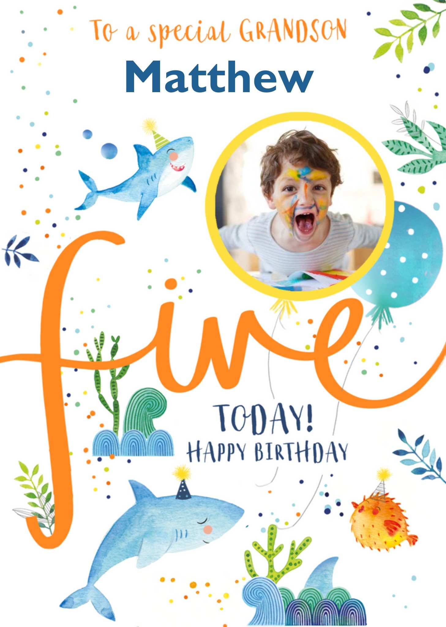 Ling Design Underwater Themed Illustration With Sharks In Party Hats Grandson's Fifth Birthday Photo Upload Card Ecard