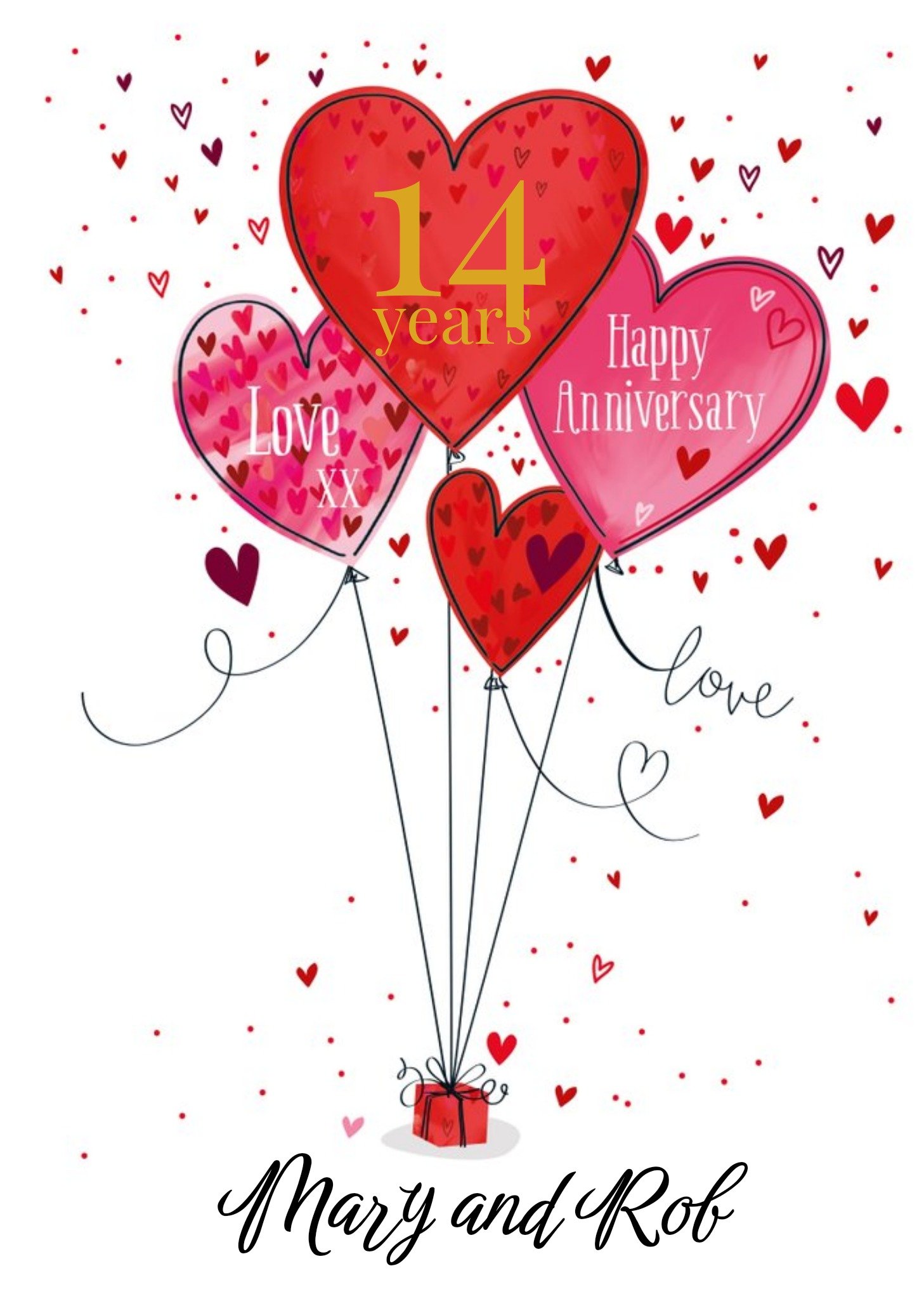 Ling Design Illustrated Present Balloon 14th Anniversary Card Ecard