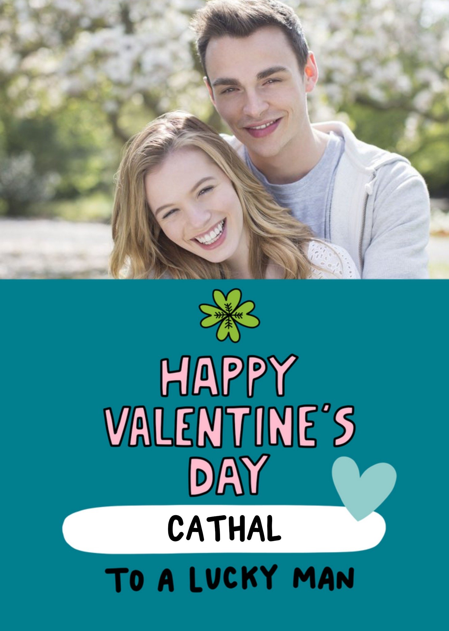 Four Leaf Clover Illustration On A Teal Background Happy Valentine's Day Photo Upload Card