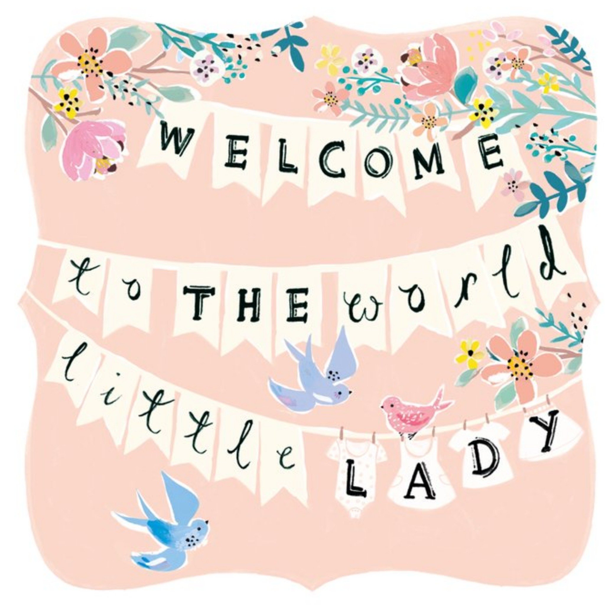 Welcome To The World Little Lady Bunting Personalised New Baby Girl Card, Square