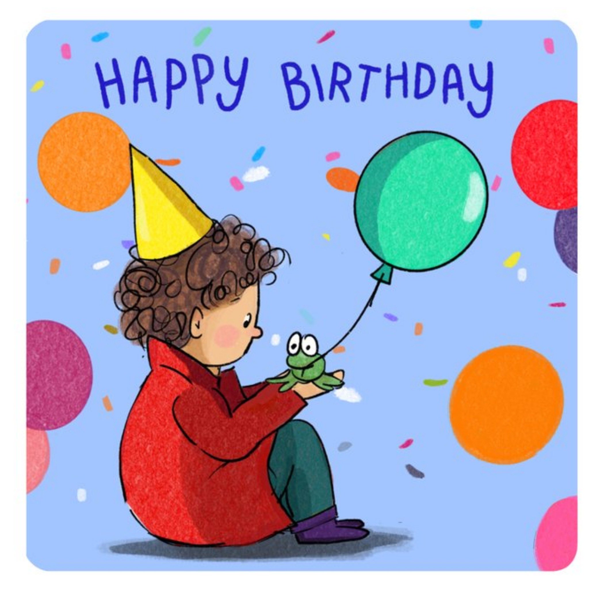 Cake And Crayons Cute Illustrated Boy And Frog Birthday Card, Square