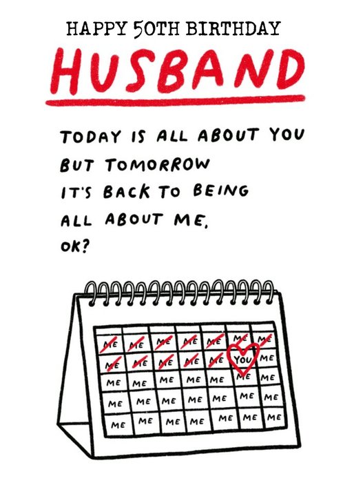Illustration Of A Monthly Planner Husband's Humorous 50th Birthday Card