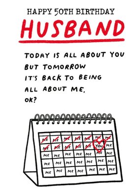 Illustration Of A Monthly Planner Husband's Humorous 50th Birthday Card