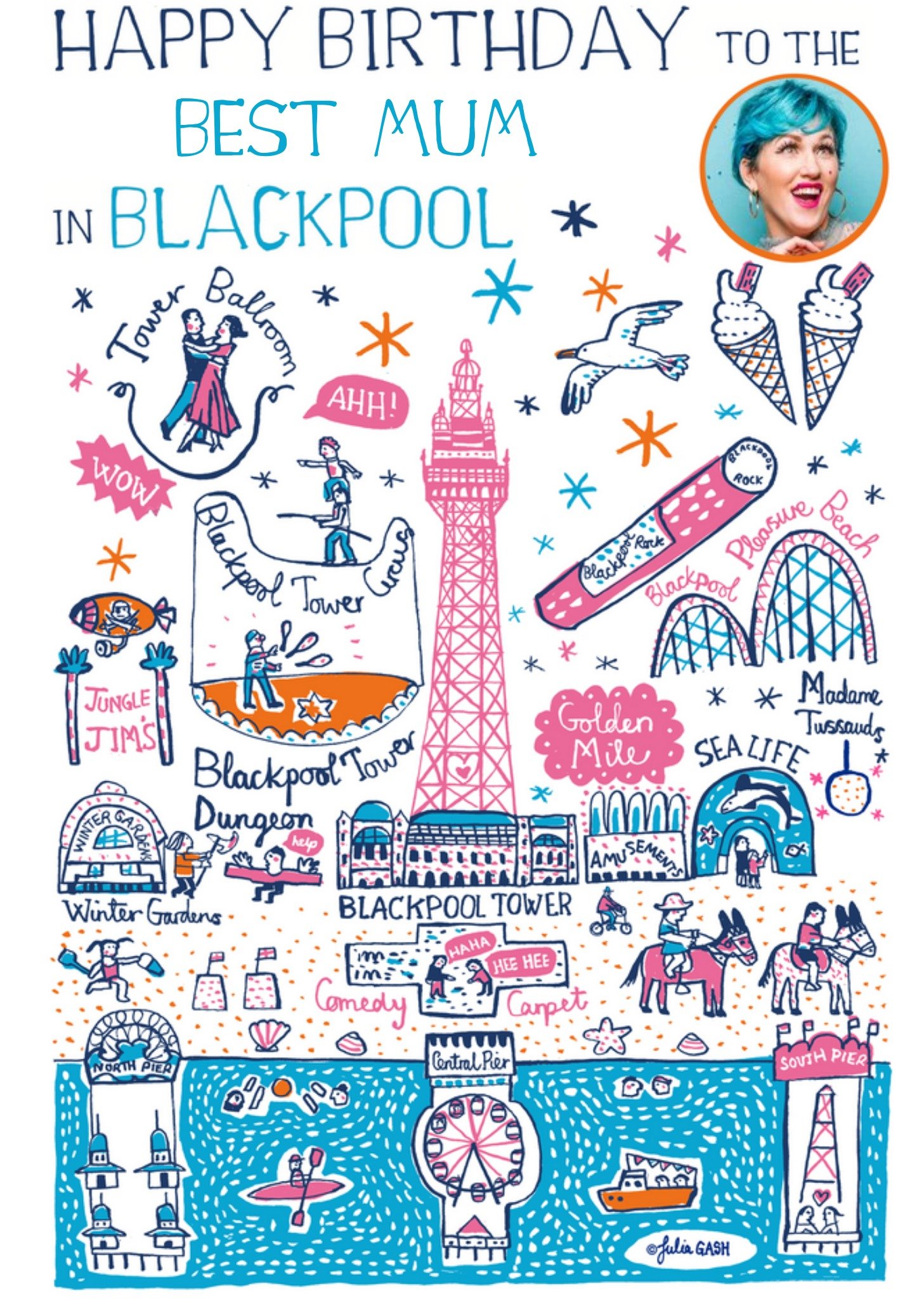 Moonpig Vibrant Collage Illustration Of Blackpool Photo Upload Birthday Card Ecard