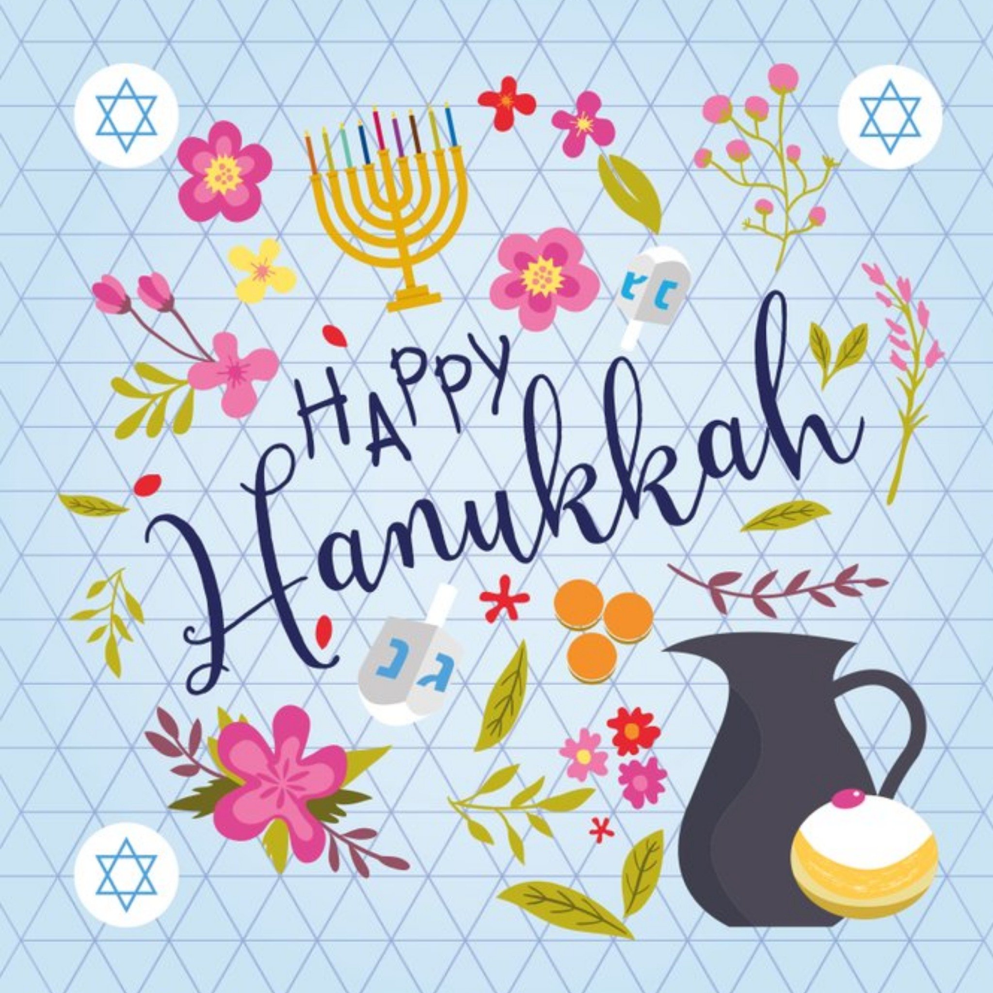 Happy Hanukkah Colourful Floral Card, Square