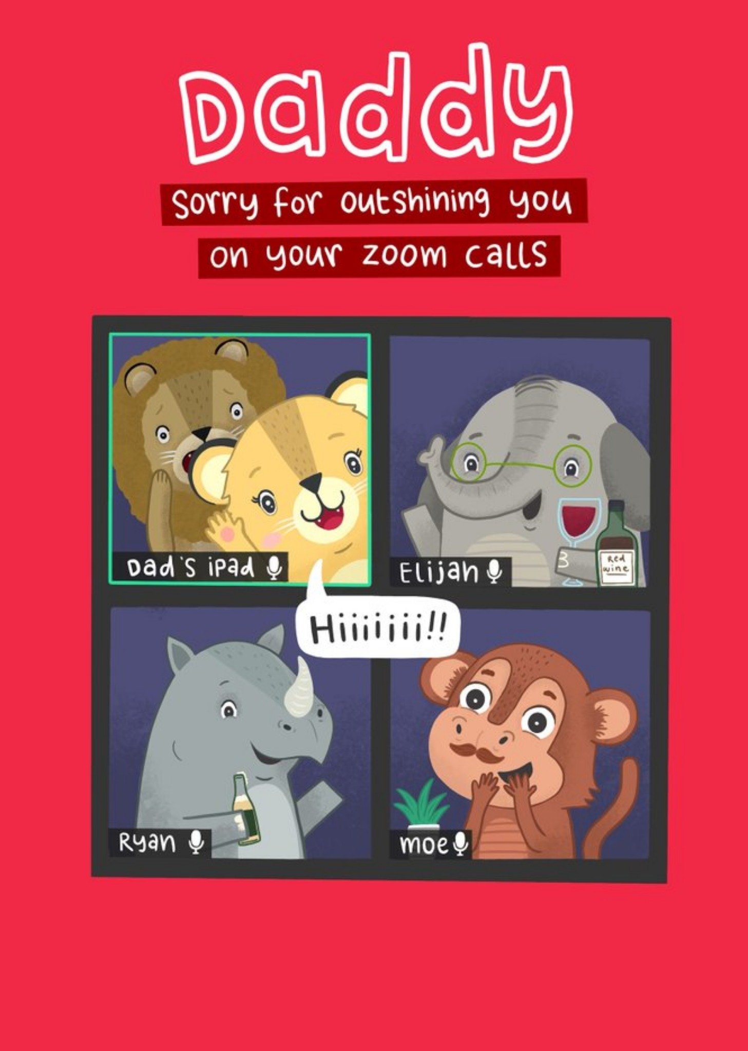 Funny Illustration Of Animals On A Video Call Father's Day Card Ecard