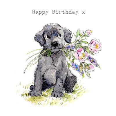 Cute Illustrated Labrador Puppy With Flowers Birthday Card