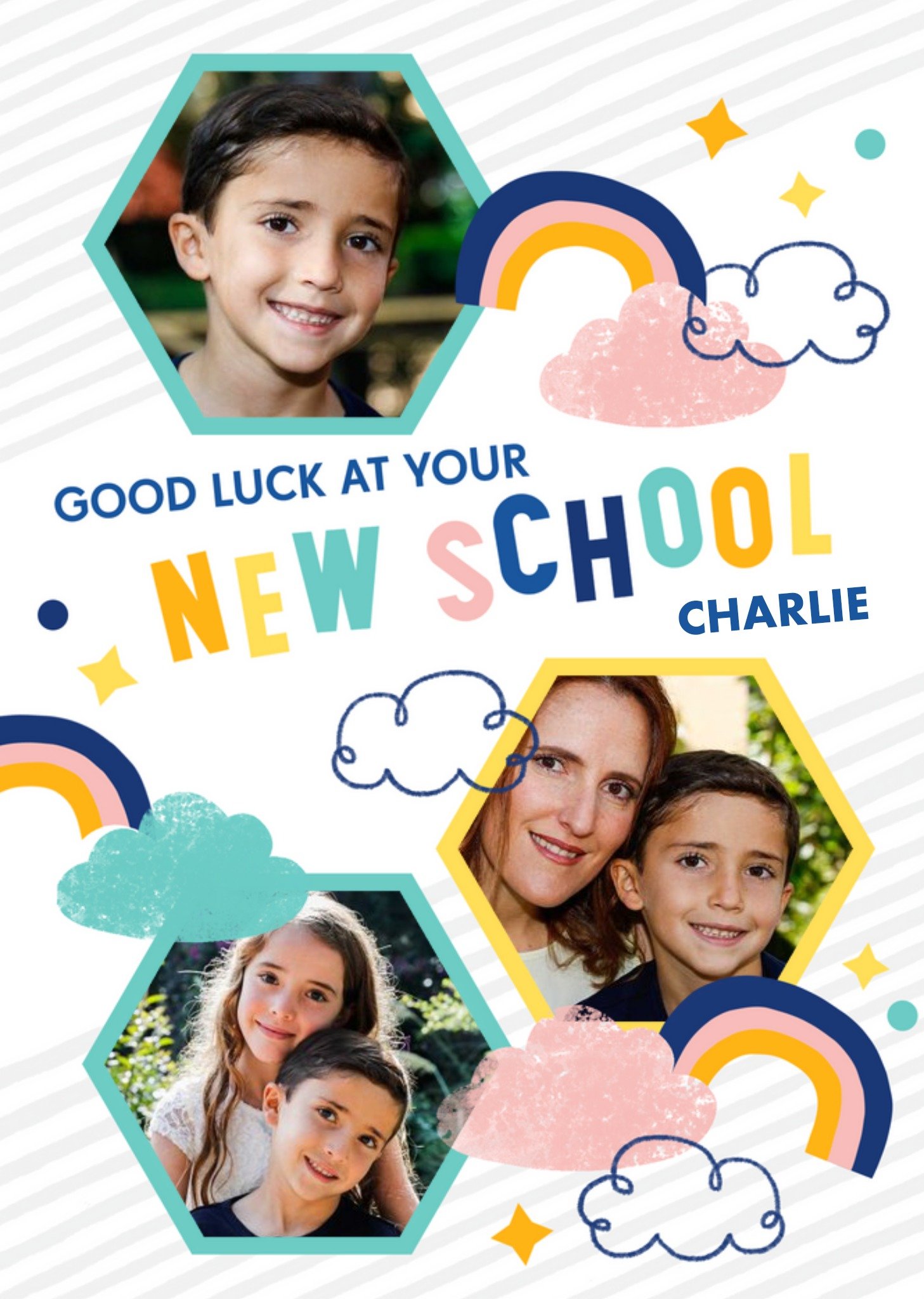 Hexagon Photo Frames Surrounded By Clouds And Rainbows New School Photo Upload Card