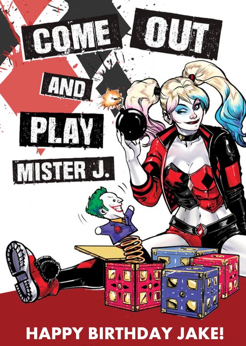 DC Comics Harley Quinn Come Out And Play Mr J Personalised Card