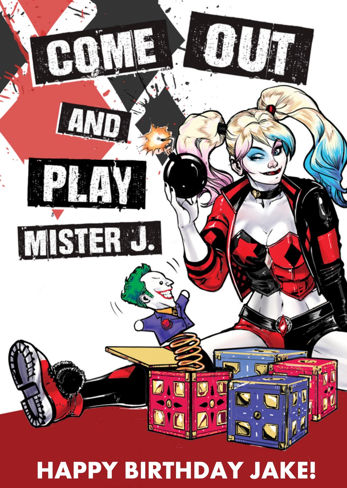 Moonpig Dc Comics Harley Quinn Come Out And Play Mr J Personalised Card, Large