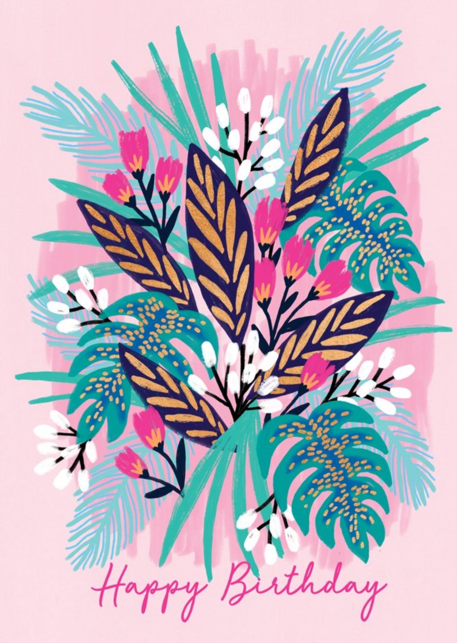 Moonpig Modern Colourful Vibrant Tropical Floral Foliage Happy Birthday Card Ecard