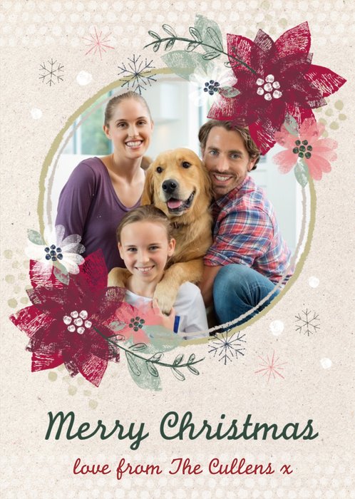 Christmas Flower Border Personalised Family Photo Upload Merry Christmas Card