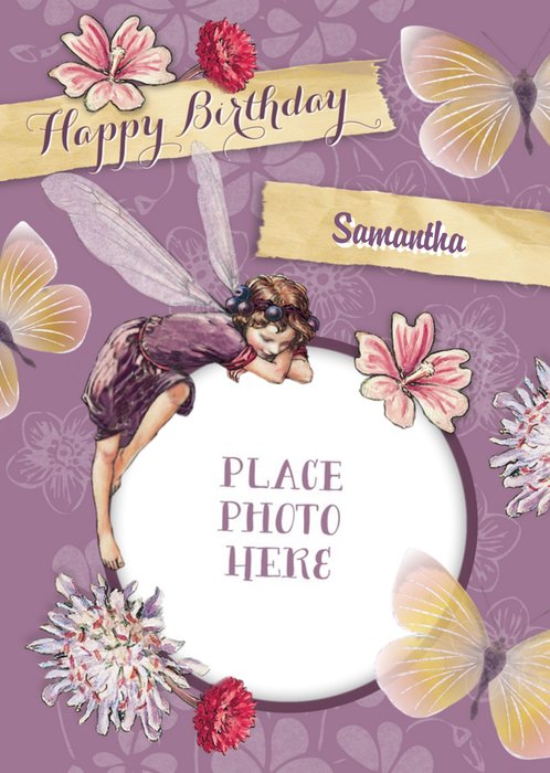 Violet Flowers, Butterflies And Berry Fairy Photo Upload Happy Birthday Card
