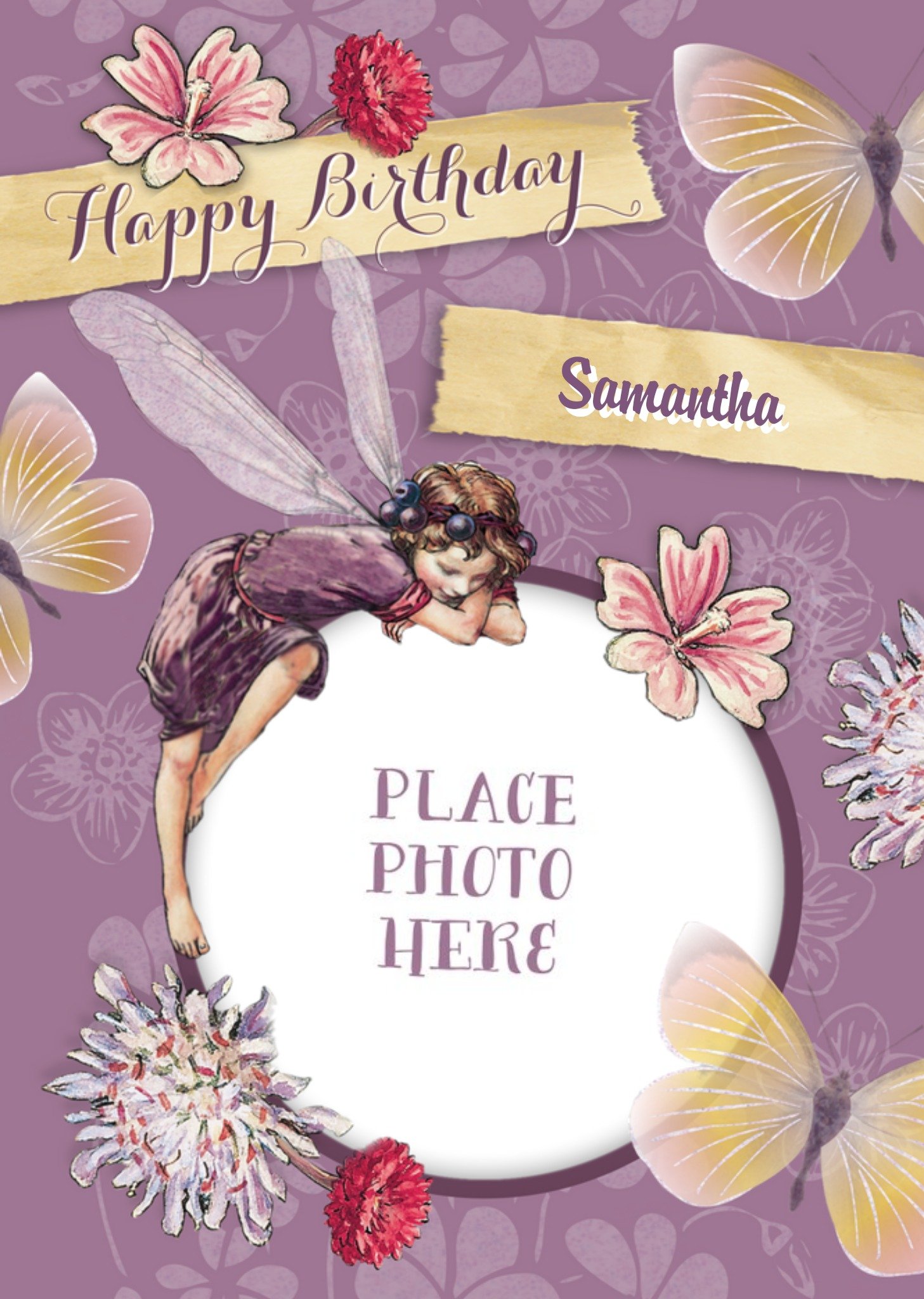 Violet Flowers, Butterflies And Berry Fairy Photo Upload Happy Birthday Card Ecard