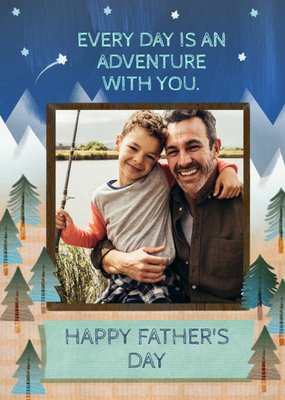 Illustration Of Mountains And Evergreens Surround A Photo Frame Father's Day Photo Upload Card