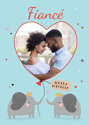 Two Elephants With A Heart Shaped Balloon Illustration Personalise Photo Upload Fiance Birthday Card