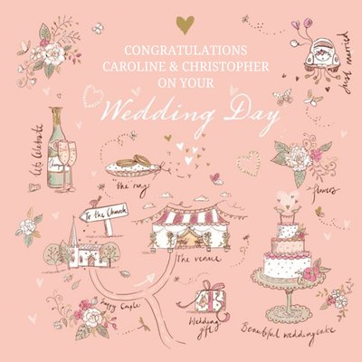 Salmon Pink Wedding Scenes Personalised Wedding Day Card