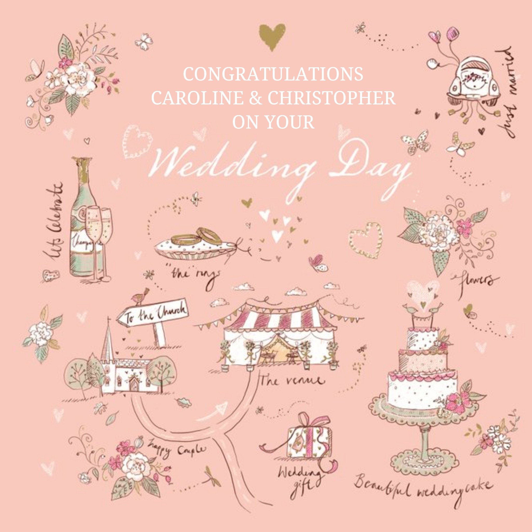 Ling Design Salmon Pink Wedding Scenes Personalised Wedding Day Card, Square