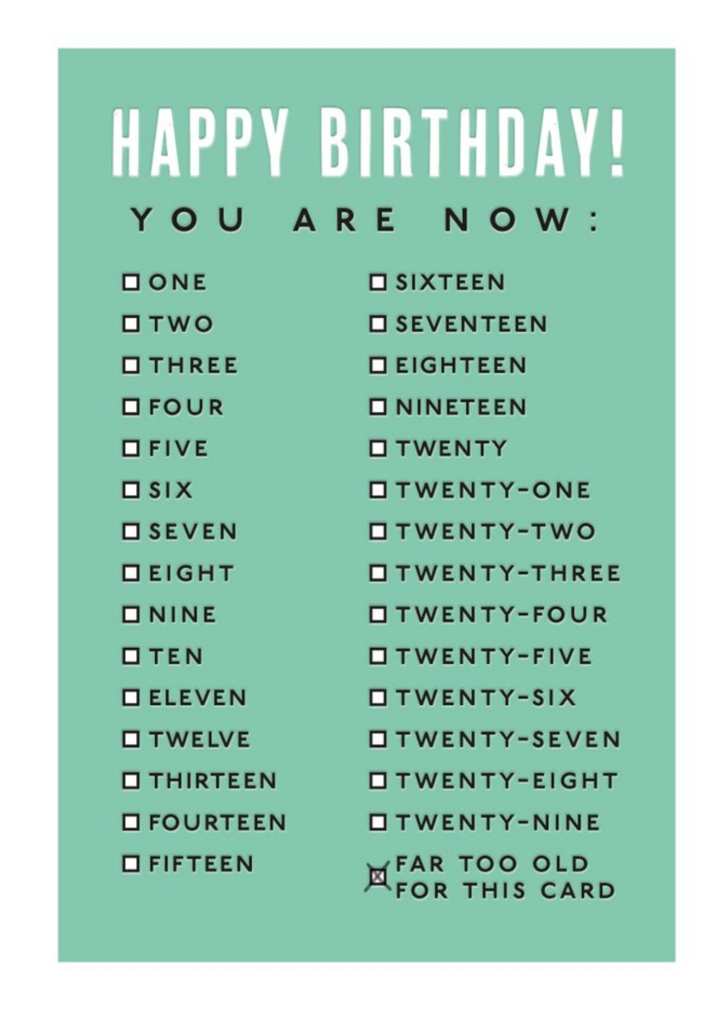 Simple Green Check Box Funny Too Old For This Card Birthday Card Ecard