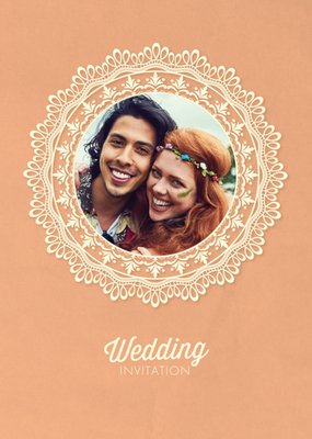 Coral And Lace Doily Pattern Photo Wedding Invitation
