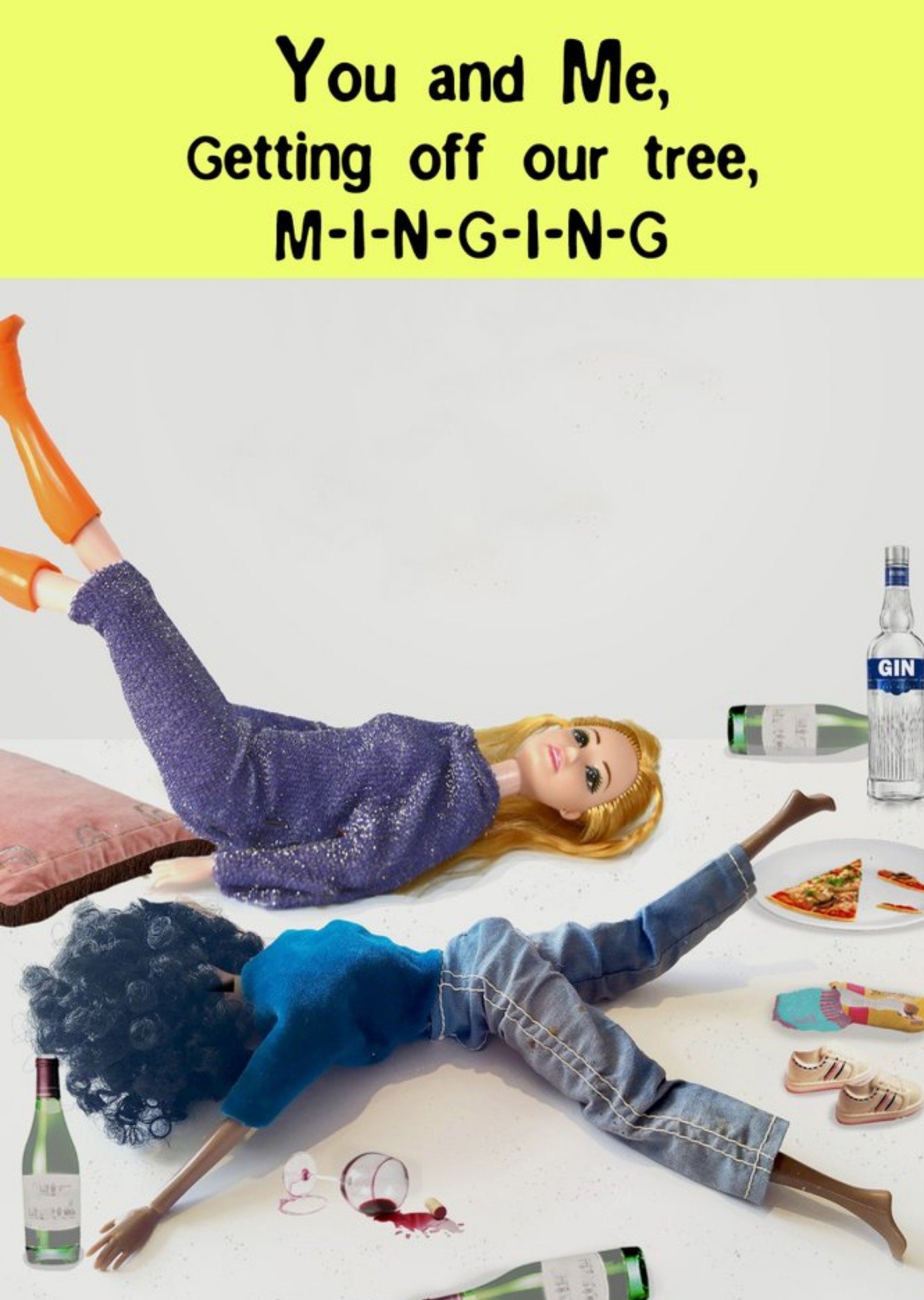 Go La La Hilarious Photograph Of Two Dolls Lying Down Drunk Surrounded By Wine Bottles Birthday Card Ecard