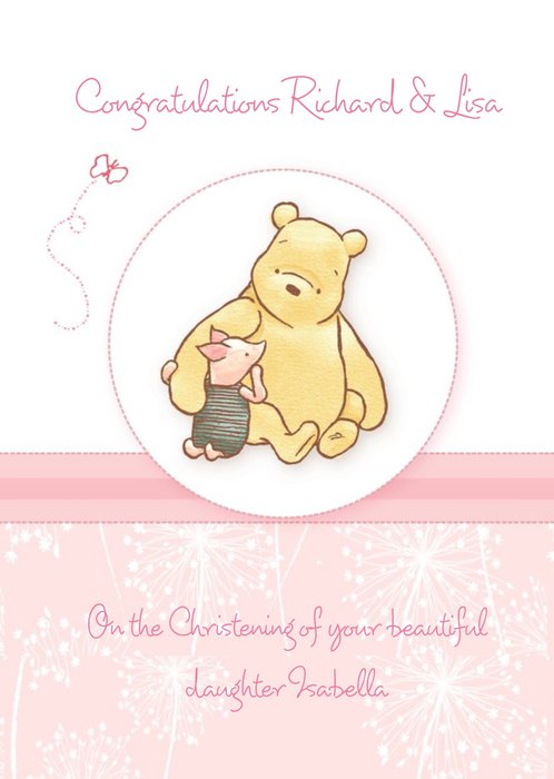 Winnie The Pooh And Piglet Pink And White Personalised Christening Card