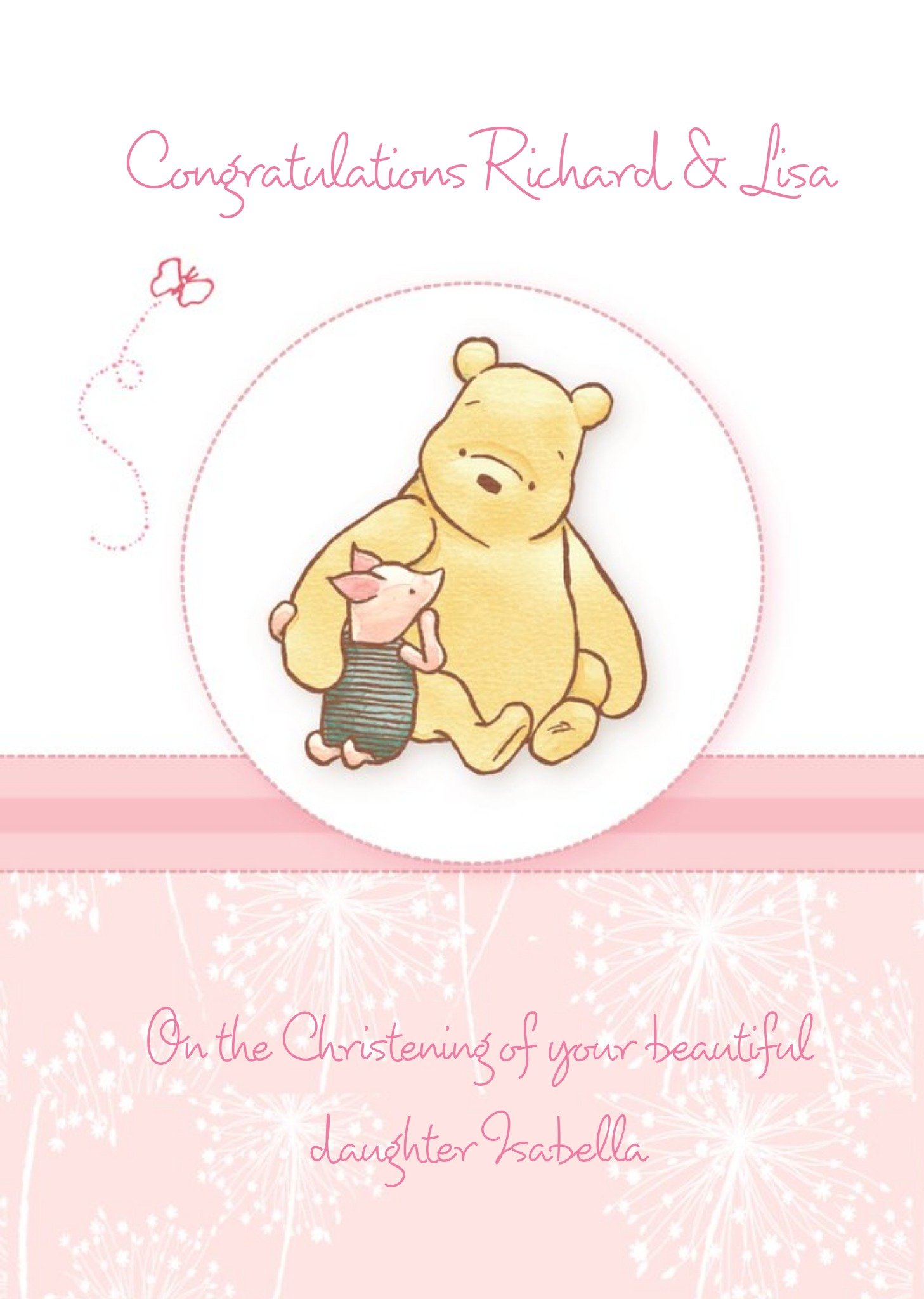 Winnie The Pooh And Piglet Pink And White Personalised Christening Card, Large