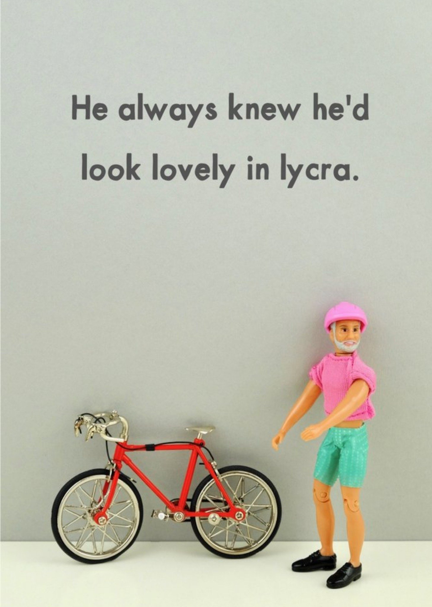 Bold And Bright Funny Photograph Of A Male Doll In Lycra With A Push Bike Birthday Card, Large