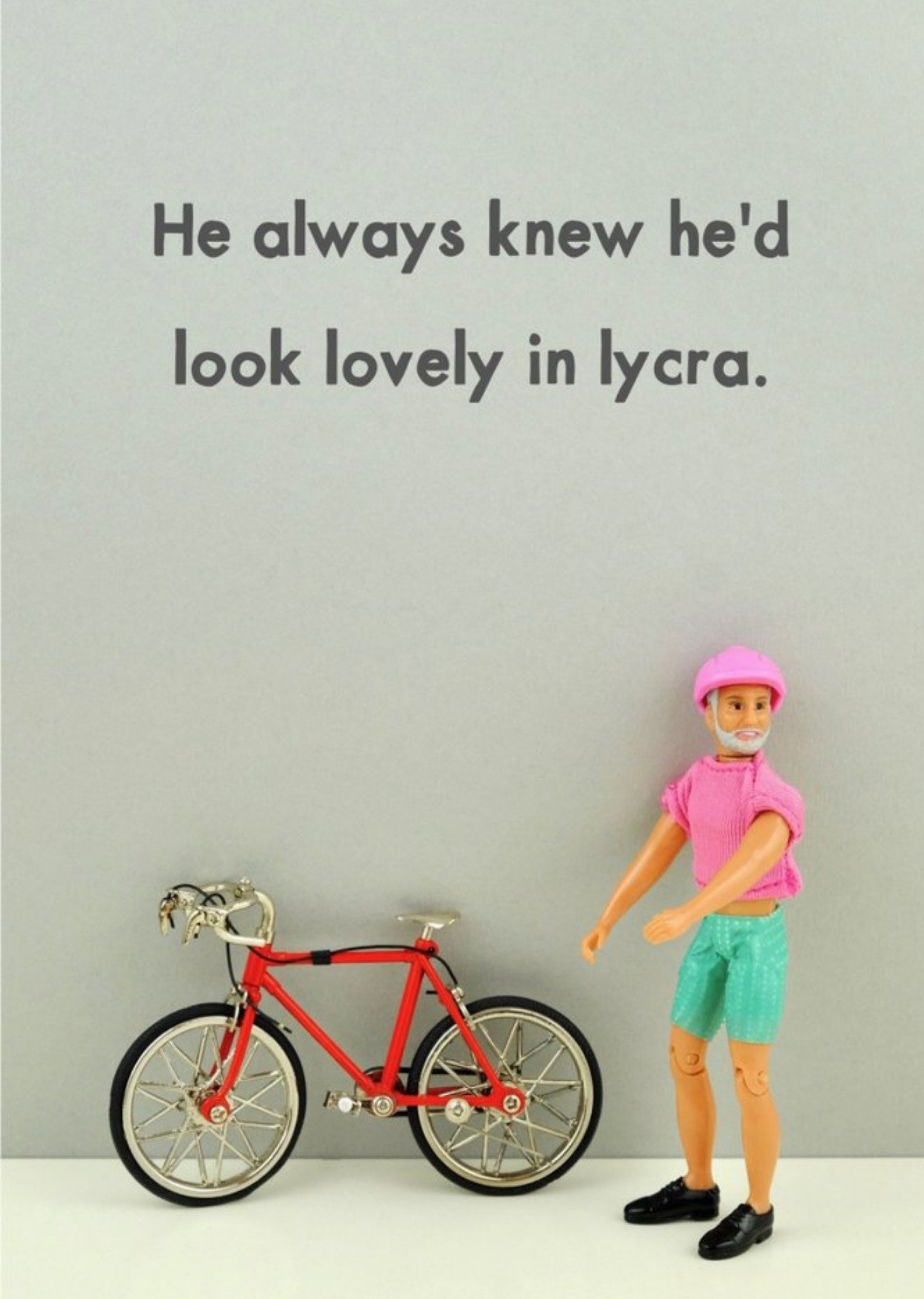 Bold And Bright Funny Photograph Of A Male Doll In Lycra With A Push Bike Birthday Card