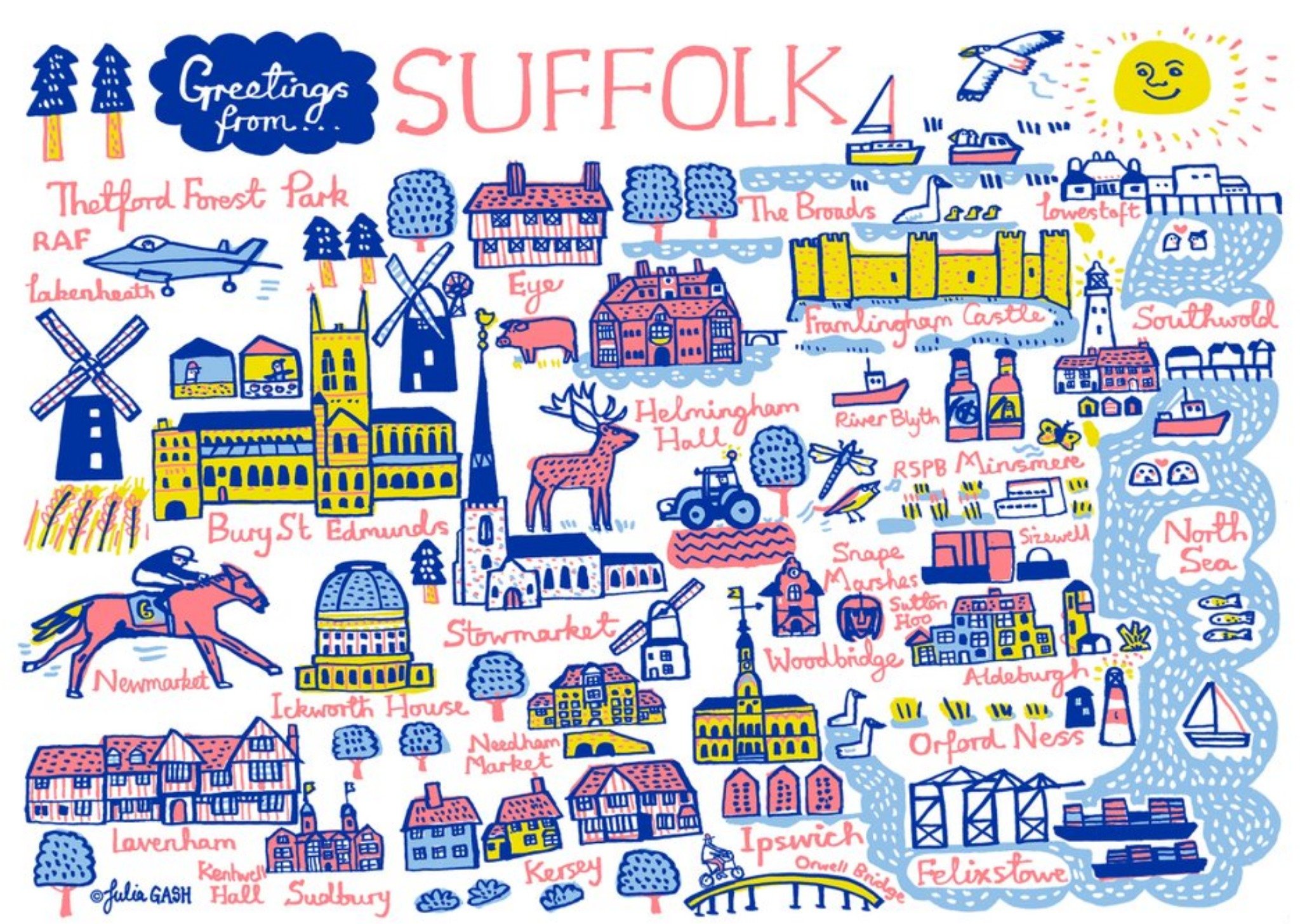 Illustrated Scenic Map Greetings From Suffolk Card Ecard