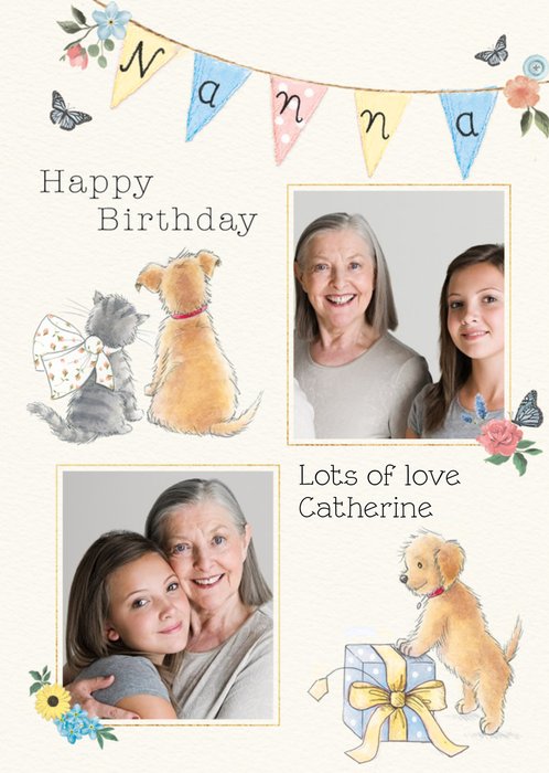 Simple Illustrated Bunting And Puppy Happy Birthday Nana Photo Upload Card