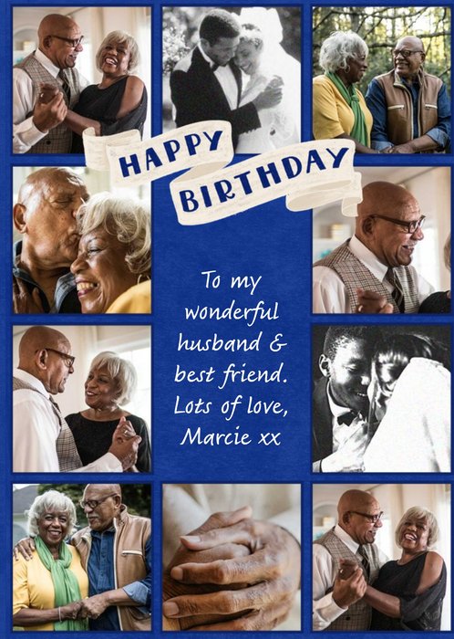Multiply Photo Frames Surrounding Text On A Blue Background Husband's Photo Upload Birthday Card