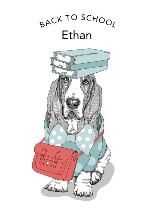 Dotty Dog Art Illustrated Basset Hound Dog Back to School  Card