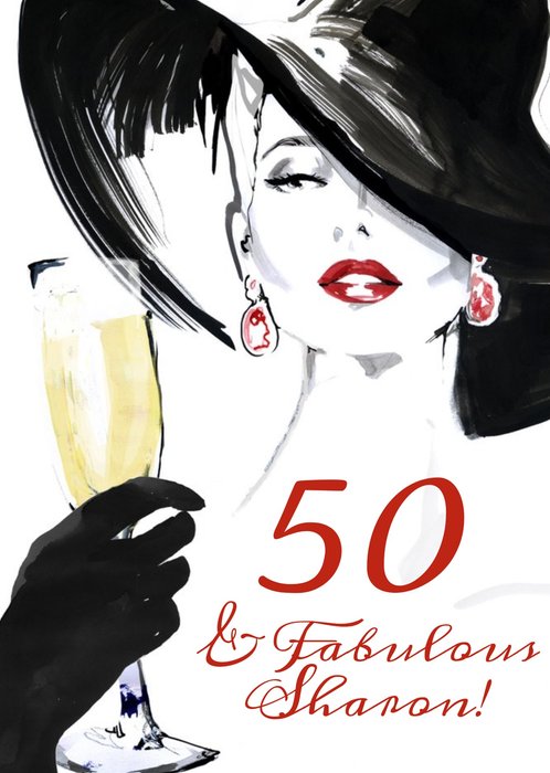 Fashion Illustration Champagne prosecco Birthday Card 50 & Fabulous