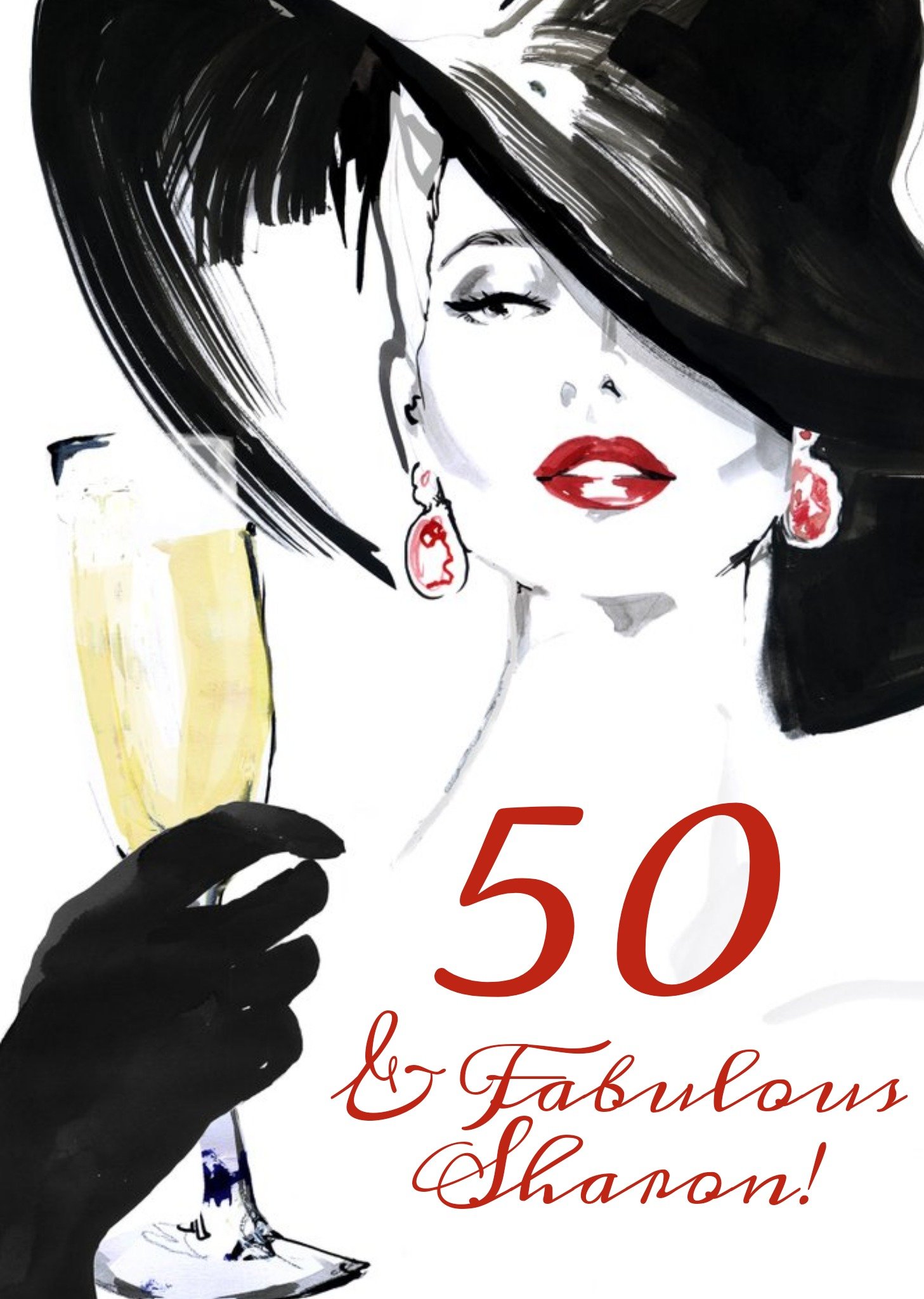 Fashion Illustration Champagne Prosecco Birthday Card 50 & Fabulous Ecard