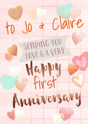 Handwritten Typography Surrounded By Hearts On A Pink Background Happy First Anniversary Card
